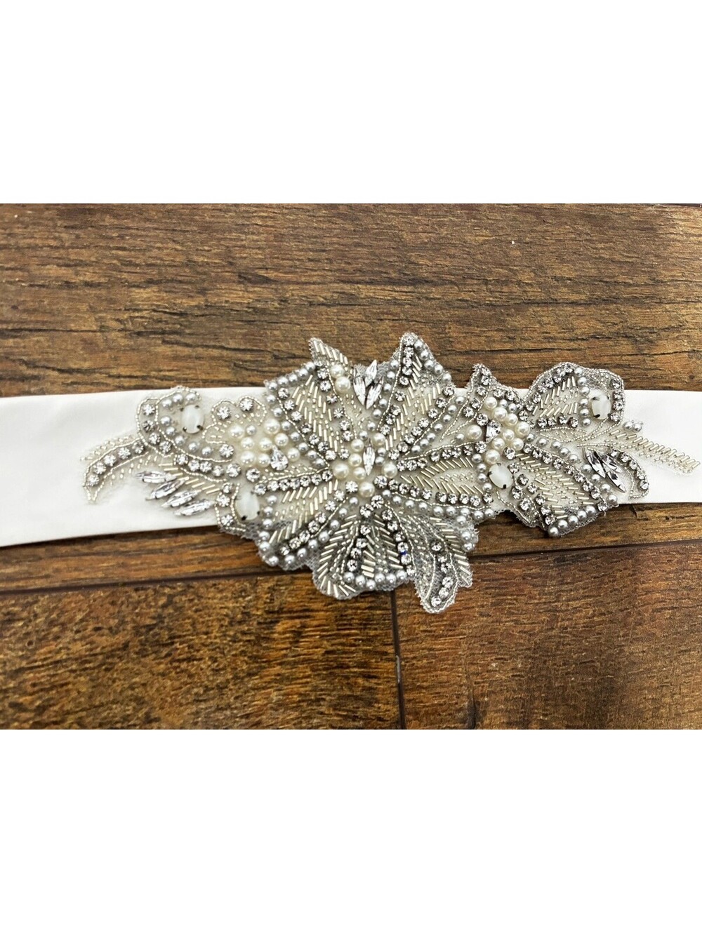 Ivory Satin Bridal Sash Belt Silver Beaded Applique for Wedding Dress